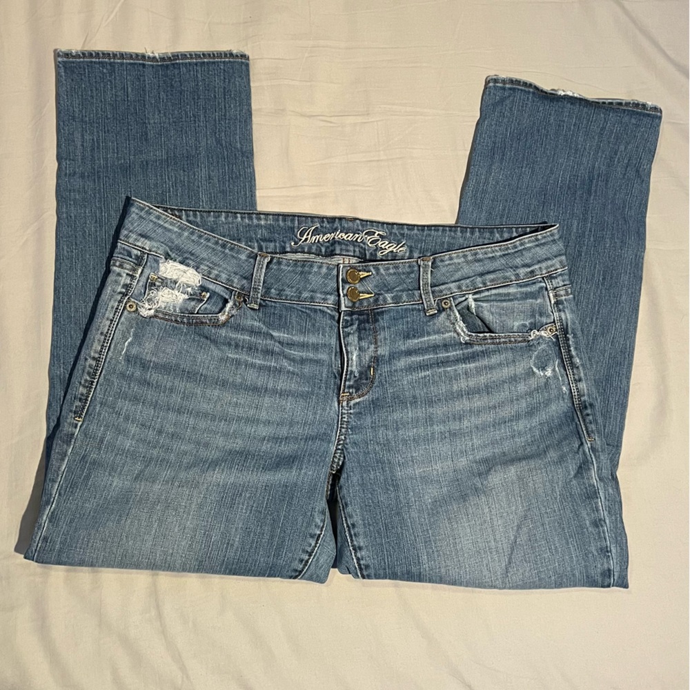 American Eagle Straight Leg Jeans Size 14 Regular Medium Wash Distressed - Picture 4 of 5